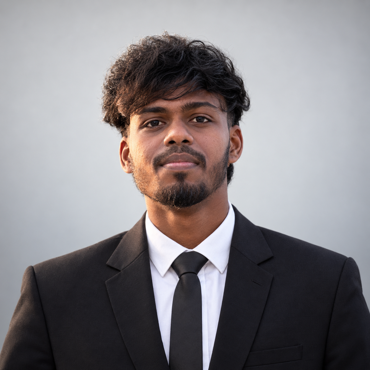 Arthikan Vettivel wearing a black suit, white shirt, and black tie